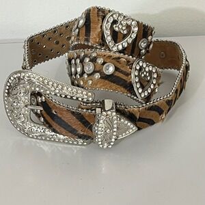 Rhinestone Heart Tiger Print Belt Silver Buckle Western Cowgirl‎ Fashion Size 40